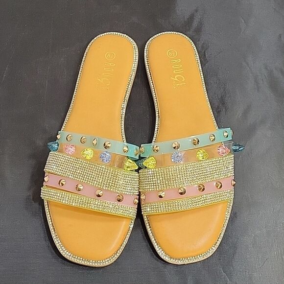 BRAND NEW ROUGE  STUDDED RHINESTONES EMBELLISHMENTS SLIDE SANDAL - Picture 2 of 14